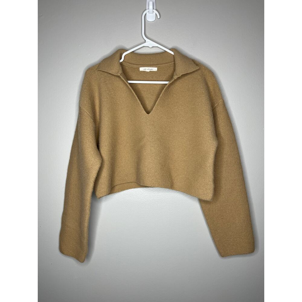 Preppy V Neck Knit Cropped Collared Womens Sweater In Color Beige - Picture 1 of 4